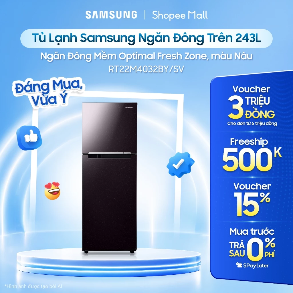 Tủ Lạnh Samsung Ngăn Đông Trên 236L RT22M4032BY/SV - Ngăn Đông Mềm Optimal Fresh Zone, màu Nâu