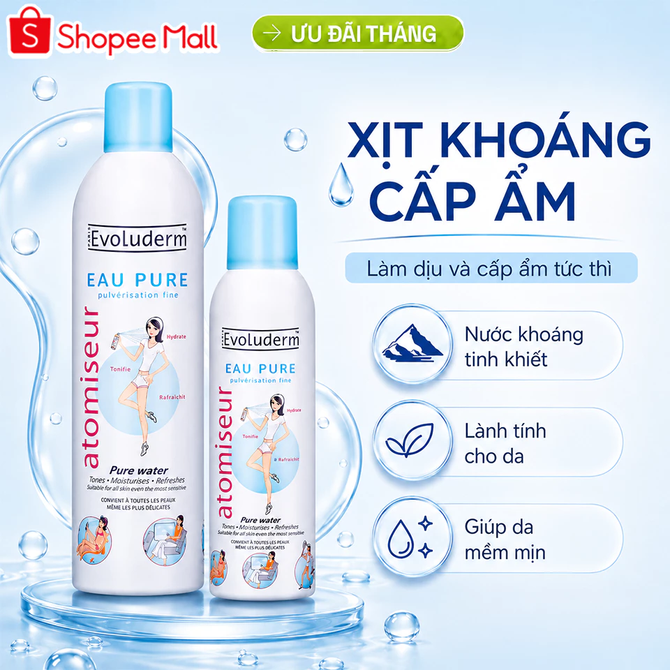 Xịt Khoáng Evoluderm Atomiseur Eau Pure Dưỡng Da, Cấp Ẩm 150ML & 400ML