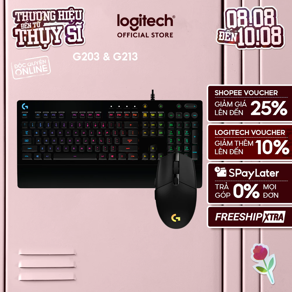 Combo Bàn Phím Gaming Logitech G213 và Chuột Gaming Logitech G203 - Tùy chỉnh RGB, kết nối G HUB