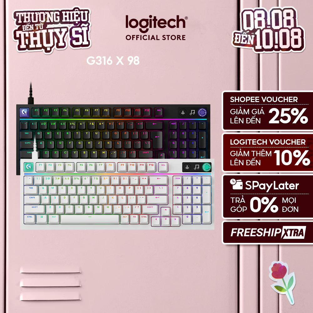 Bàn phím gaming Logitech G316 X 98 - 8 kHz, Hot-swap, Cấu trúc đệm, LED Dot Matrix, PBT đúc kép, USB-C, RGB LIGHTSYNC