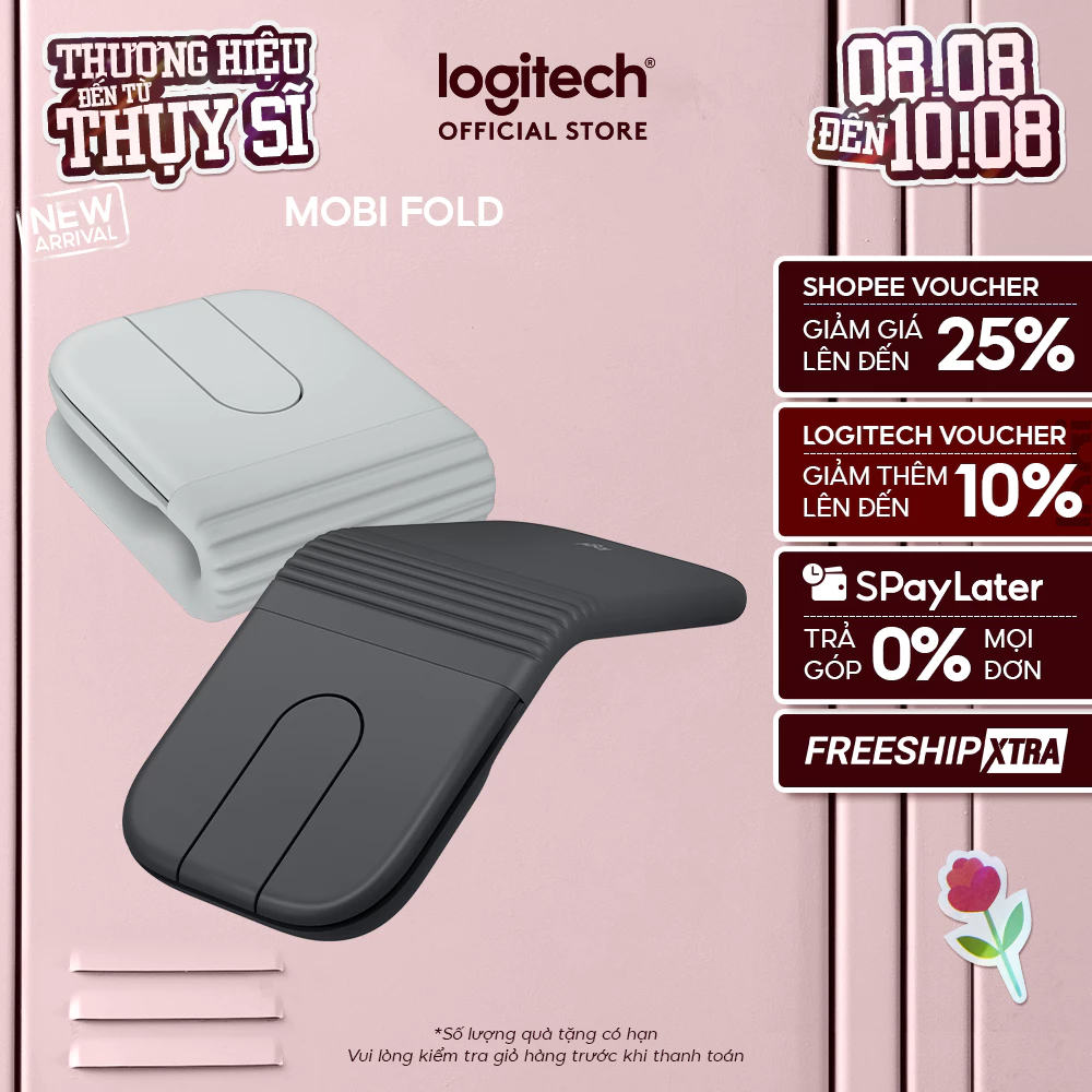 Logitech Mobi Fold - Chuột du lịch di động, Nhỏ và nhẹ, Cuộn cảm ứng, Nhấp im lặng, 4K DPI, Bluetooth