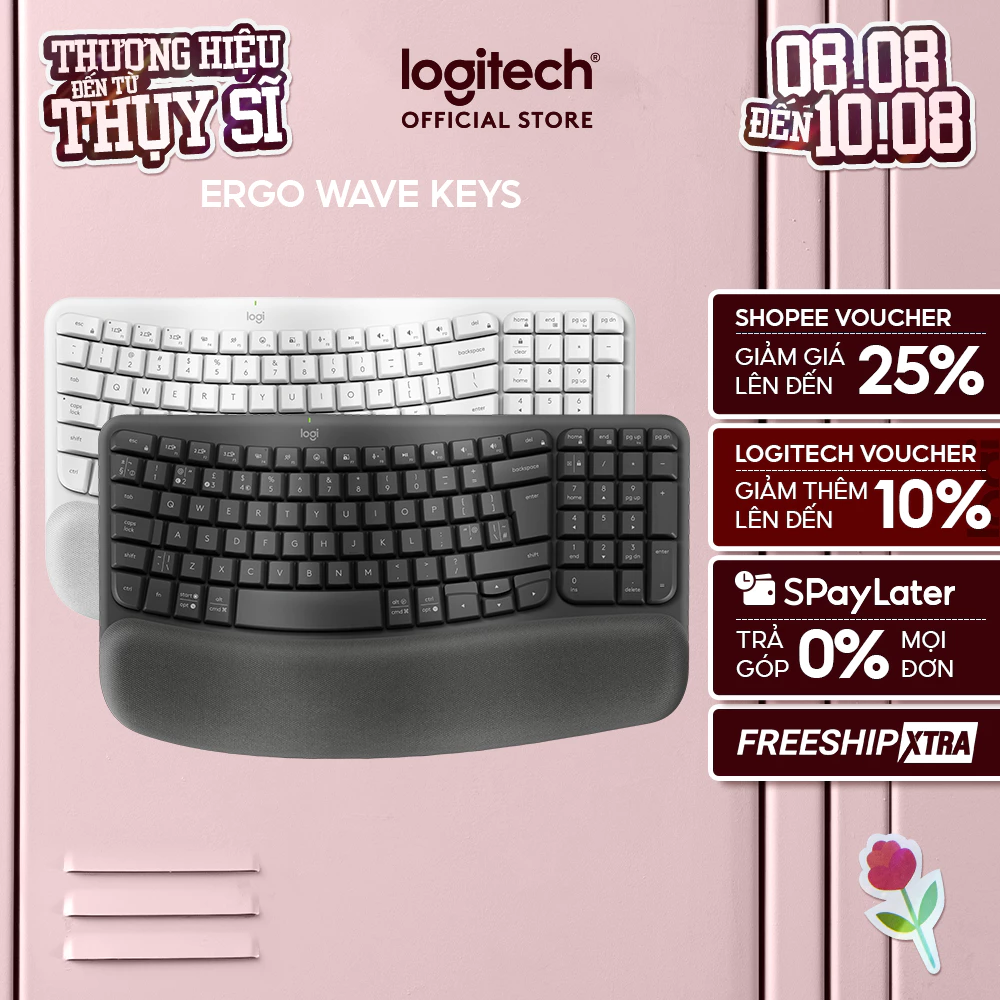 Bàn phím không dây công thái học Logitech Wave Keys - Kết nối Bluetooth, Gác tay, Windows, MacOs