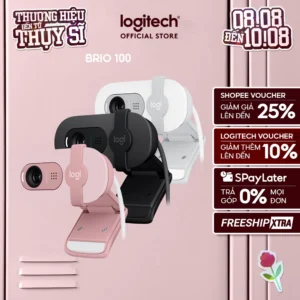 Webcam Full HD Logitech Brio 100 - Cân bằng ánh sáng, Mic, Màn chập, USB-A, Google Meet, Zoom