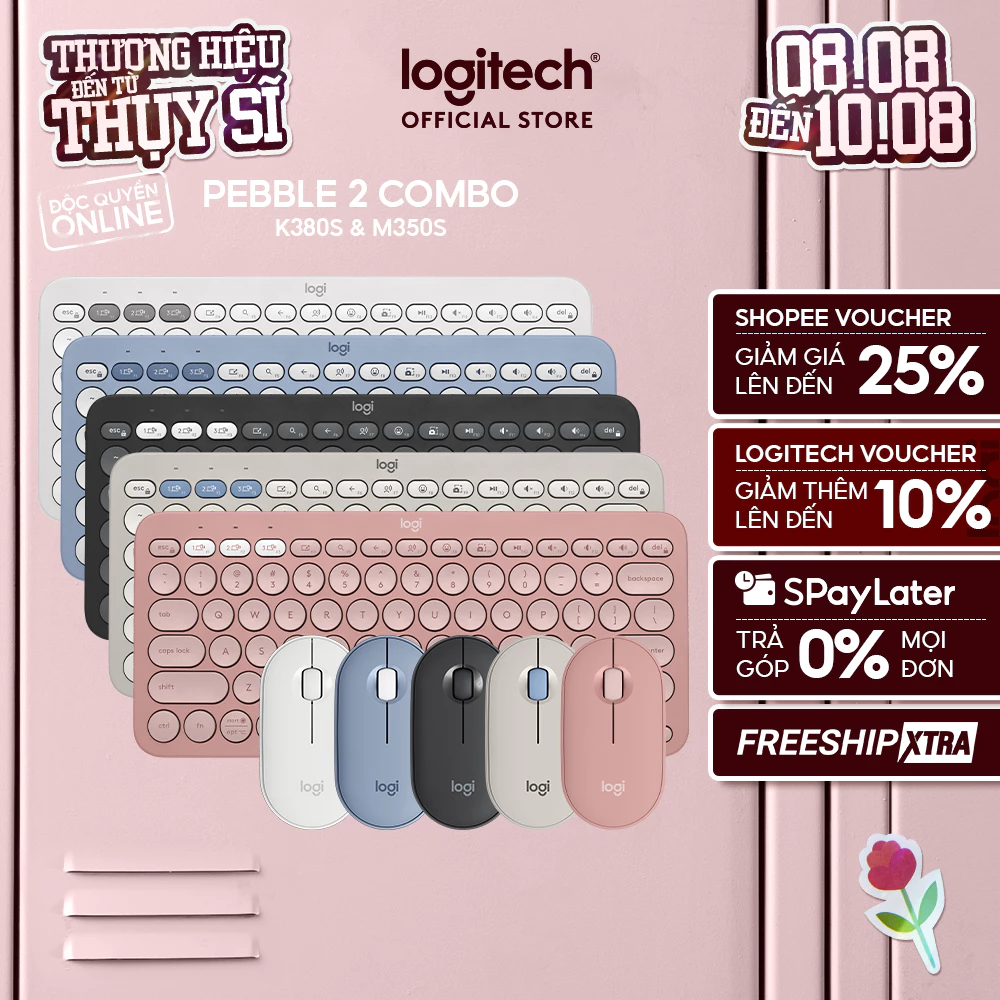 Pebble 2 Combo, Bàn phím Bluetooth Logitech K380s và chuột Logitech M350s - Yên tĩnh, Easy-Switch