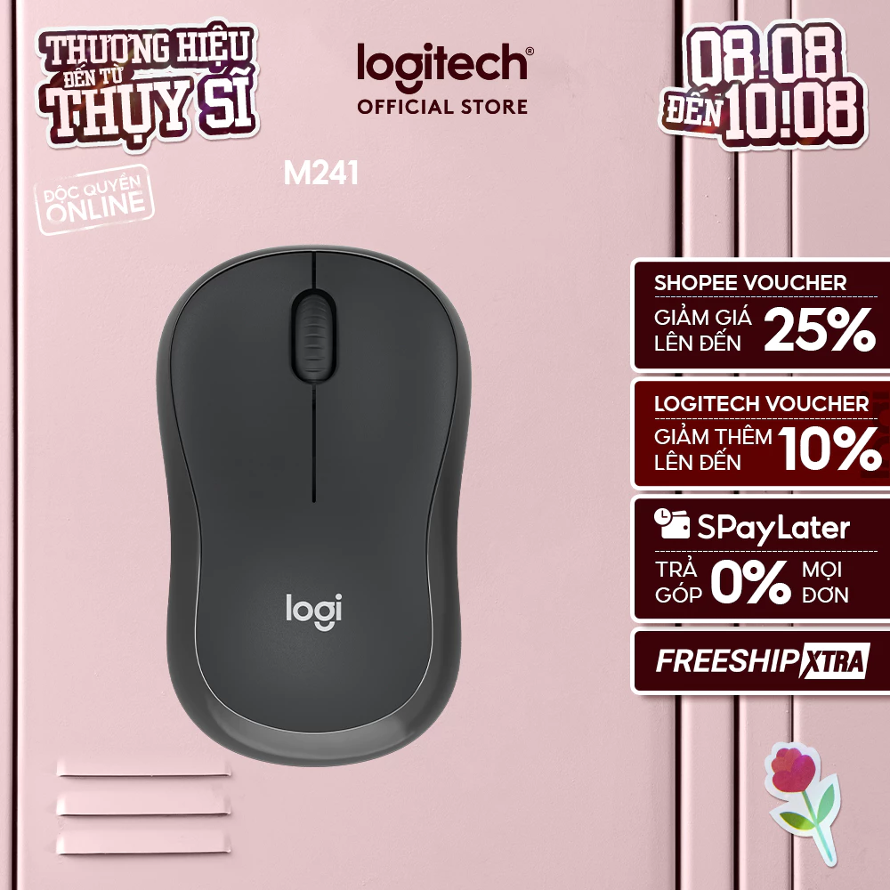 Chuột Bluetooth Logitech M241 Silent - Không dây, Nhỏ gọn, Tương thích Windows, macOS