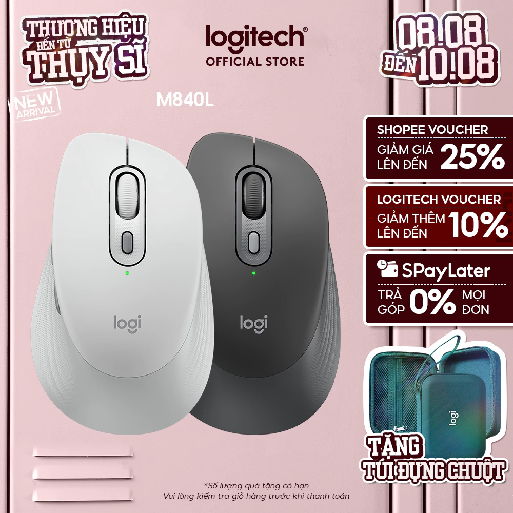 Chuột Bluetooth Logitech Signature Comfort M840 L - Nhấp êm ái, SmartWheel, Nút tùy chỉnh, tương thích Windows, OS