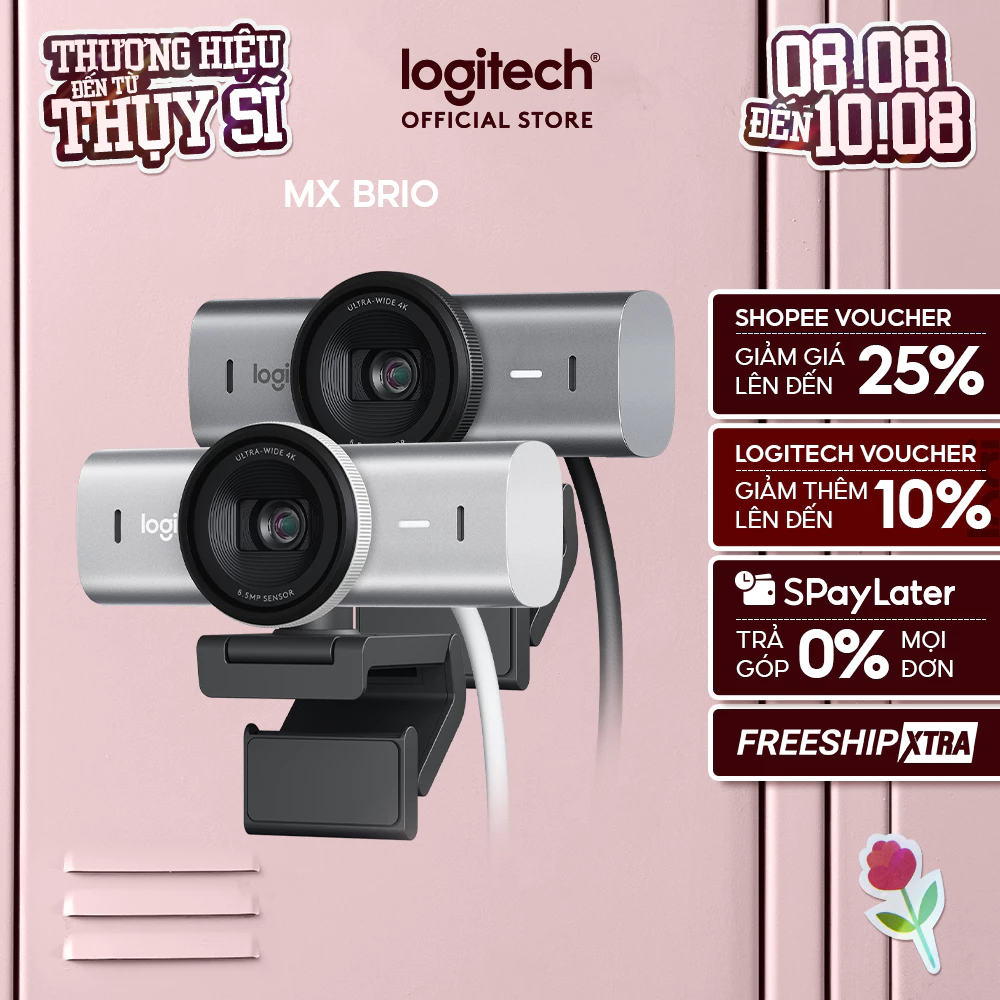 Webcam Logitech MX BRIO Ultra HD 4K - Hội họp & truyền trực tuyến, Mic kép giảm ồn, Show Mode, USB-C