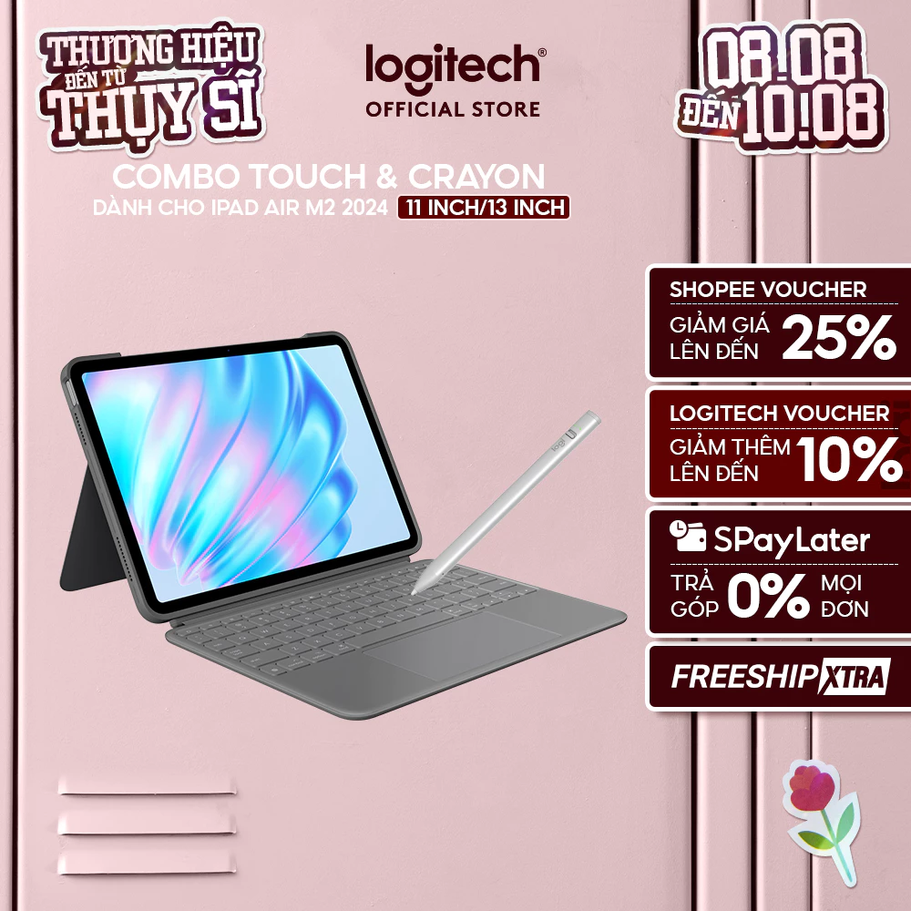 Bao da kèm bàn phím Logitech Combo Touch cho iPad Air 11 inch (M2 & M3), iPad Air 13 inch (M2) & Bút Logitech Crayon