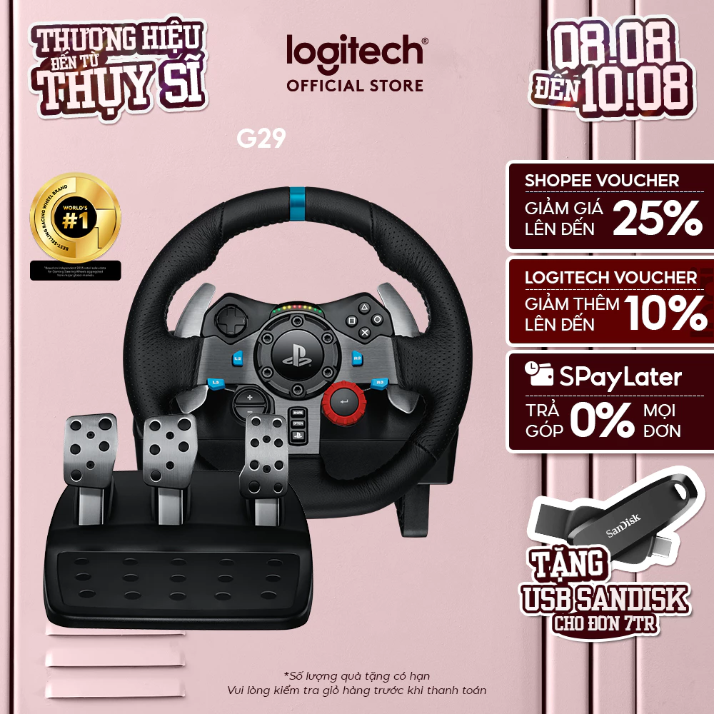 Vô lăng đua xe Logitech G29 Driving Force và bàn đạp thép không gỉ, tay lái bọc da, phù hợp PS5, PS4