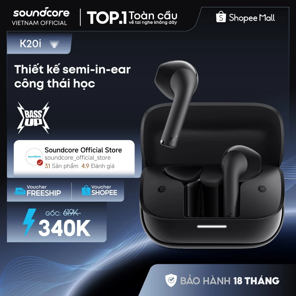 Tai nghe bluetooth Semi In-Ear soundcore K20i | Siêu gọn nhẹ | Chống nước IPX5 | Tích hợp phiên dịch
