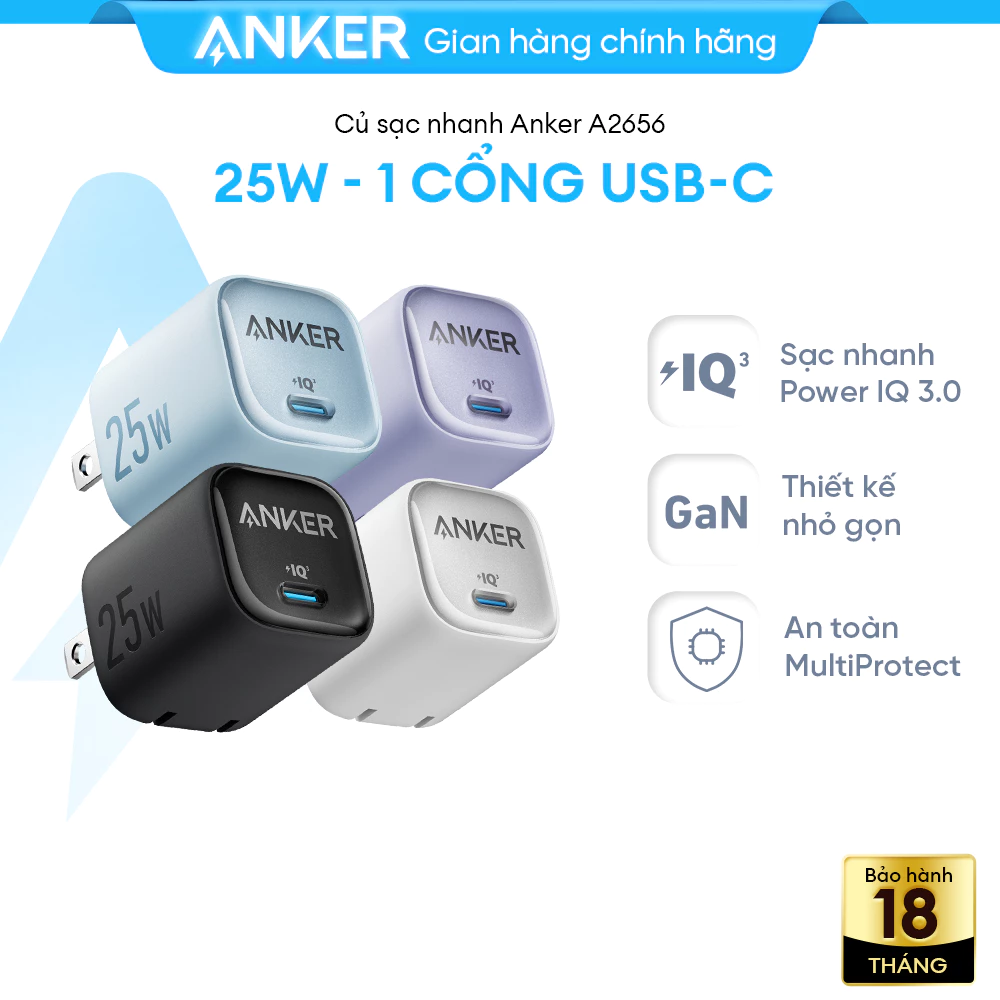Củ sạc nhanh PPS Anker 25W chân gập nhỏ gọn hỗ trợ sạc nhanh | 1 cổng USB Type-C - A2656