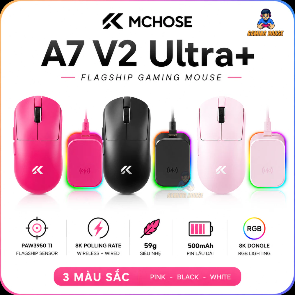 Chuột gaming không dây Mchose A7 V2 Ultra Plus - 3 mode kết nối - PAW3950 TI - 8000HZ - 26000DPI
