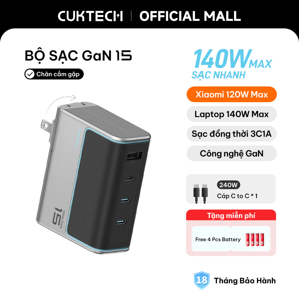 Củ Sạc Nhanh CUKTECH GaN 140W 4 Cổng Công Suất Cực Mạnh Cho MacBook Pro/Laptop/iP 17/16/15/Xiaomi 17/Samsung S26