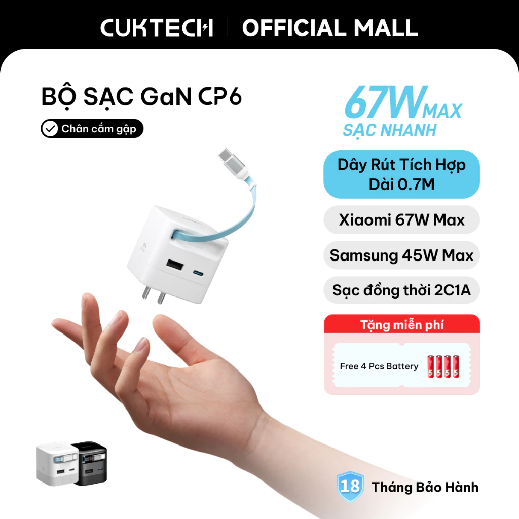 Củ Sạc Nhanh CUKTECH GaN 40W Siêu Nhỏ Gọn Chân Gập Không Nóng Máy Cho iP 17/16/15/iPad Air/Xiaomi 17/Samsung S26