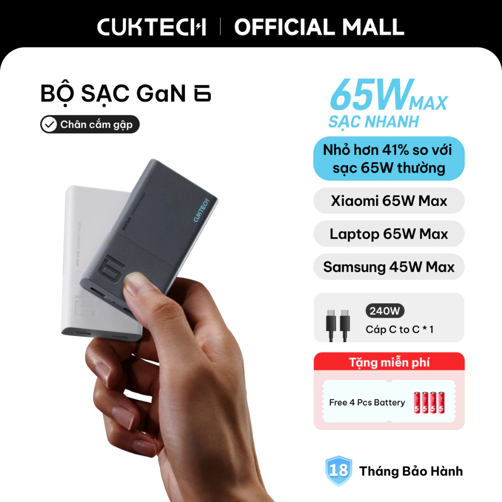Củ Sạc Nhanh CUKTECH GaN 40W Siêu Nhỏ Gọn Chân Gập Không Nóng Máy Cho iP 17/16/15/iPad Air/Xiaomi 17/Samsung S26
