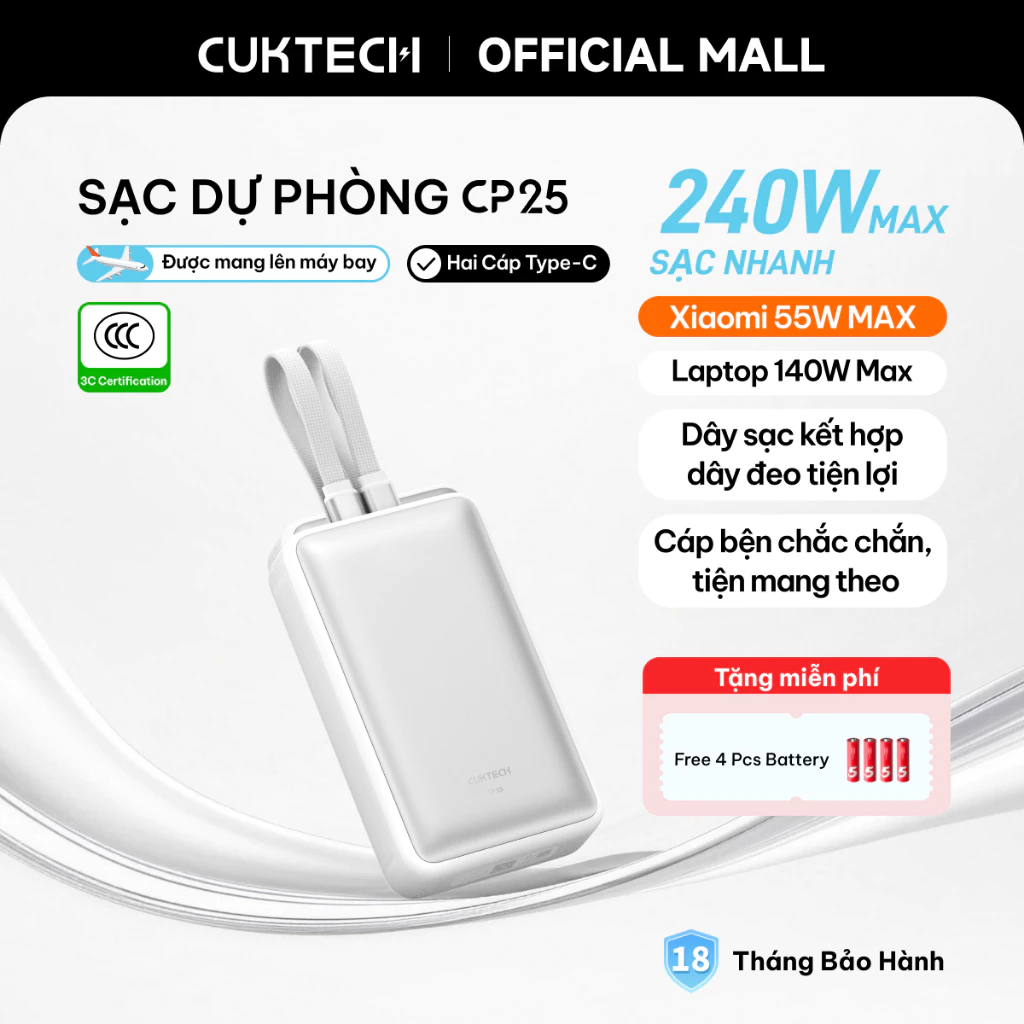 【Được chứng nhận CCC】CUKTECH Pin Dự Phòng 20000mAh Sạc Nhanh 55W – Tích Hợp Hai Dây, Hỗ Trợ iP 40W / Samsung —— Pin Dự P
