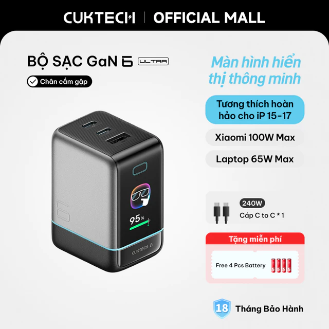 Củ Sạc Nhanh CUKTECH GaN 40W Siêu Nhỏ Gọn Chân Gập Không Nóng Máy Cho iP 17/16/15/iPad Air/Xiaomi 17/Samsung S26
