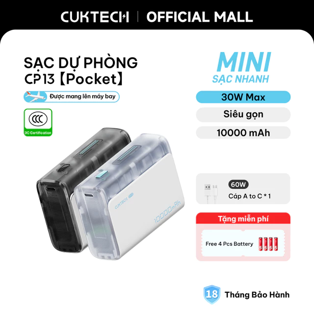 【Được chứng nhận CCC】CUKTECH Pin Dự Phòng 20000mAh Sạc Nhanh 40W – Tích Hợp Dây, Hỗ Trợ iP 38W / Xiaomi 33W —— CP24 Powe