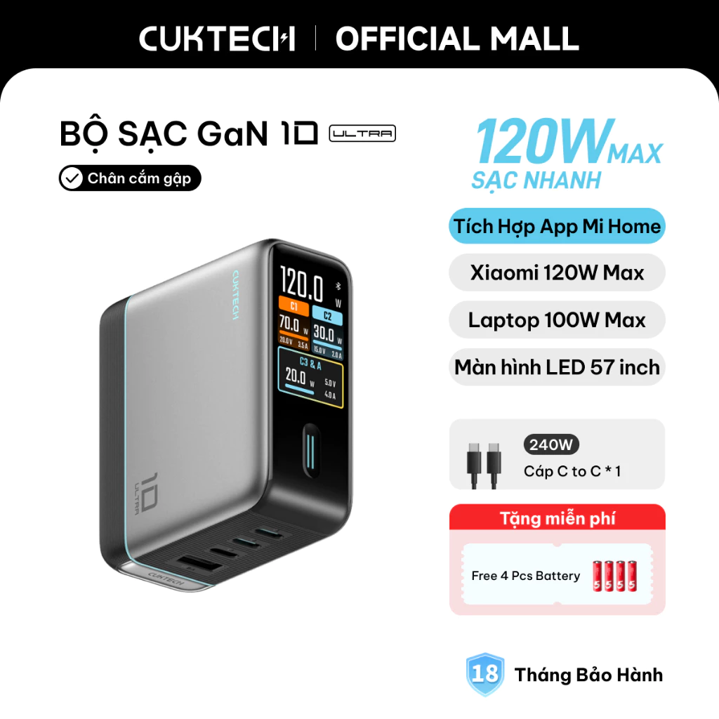 Củ Sạc Nhanh CUKTECH GaN 120W 4 Cổng Điều Khiển App Mi Home Cho Laptop/MacBook/iP 17/16/15 Pro Max/Xiaomi 17/Samsung S26