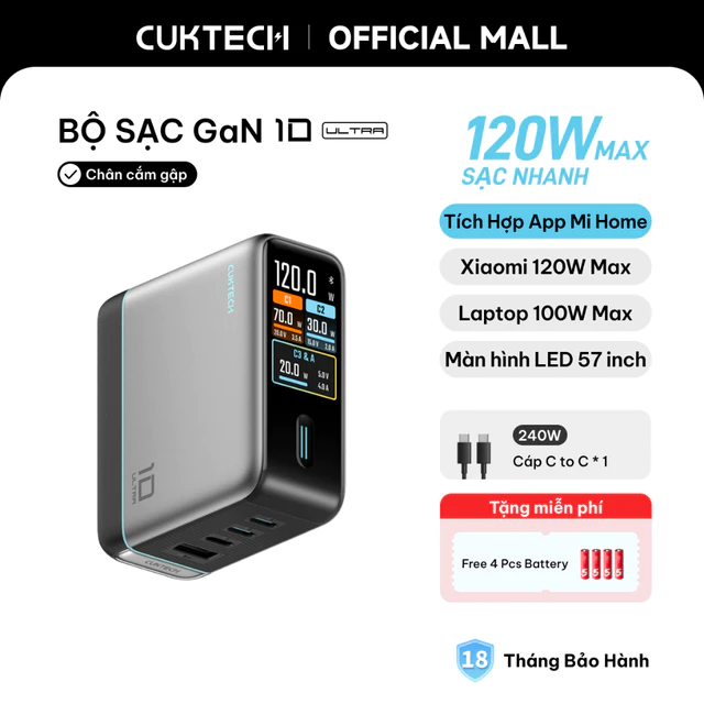 Củ Sạc Nhanh CUKTECH GaN 40W Siêu Nhỏ Gọn Chân Gập Không Nóng Máy Cho iP 17/16/15/iPad Air/Xiaomi 17/Samsung S26