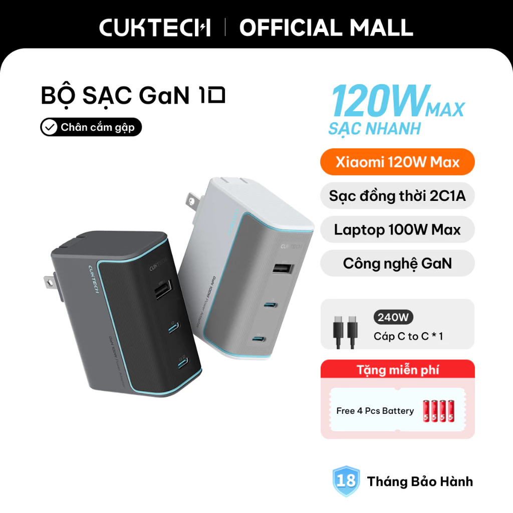 Củ Sạc Nhanh CUKTECH GaN 40W Siêu Nhỏ Gọn Chân Gập Không Nóng Máy Cho iP 17/16/15/iPad Air/Xiaomi 17/Samsung S26