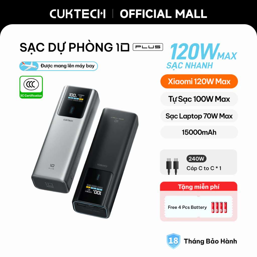 【Được chứng nhận CCC】CUKTECH Sạc Nhanh 120W 15000mAh – Hỗ Trợ Xiaomi 120W Laptop70W Samsung 45W, iP 16/15/14