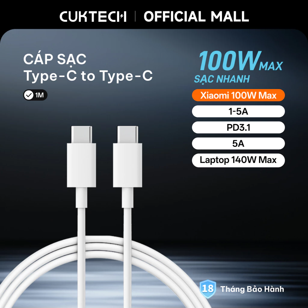 CUKTECH Cáp Sạc 100W Type-C to C cho iP16/15 MacBook Xiaomi Samsung Oppo Vivo (1m)