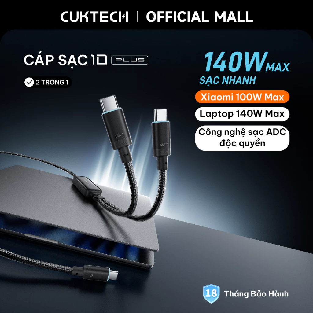 Cáp Sạc 2 Trong 1 CUKTECH Plus (1 Chia 2) - Type-C To 2 Type-C 140W Sạc Nhanh Thông Minh Cho iP/Xiaomi/Máy Tính Bảng/Lap