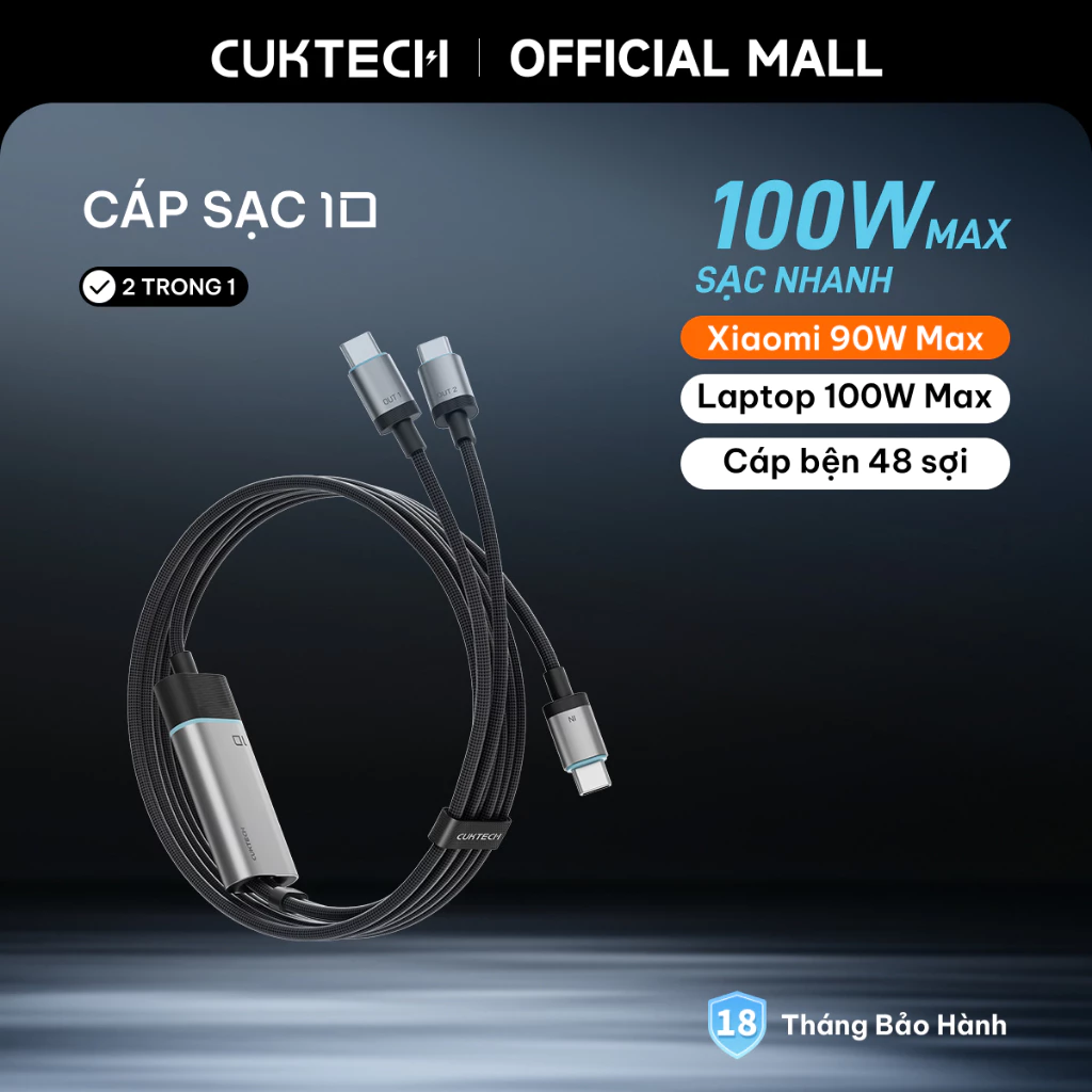 CUKTECH Cáp Sạc Nhanh 2 trong 1 Type-C to Type-C+Type-C 100W Max Laptop 100W Xiaomi 90W Max Samsung 45W iP16/15/14 Lapto