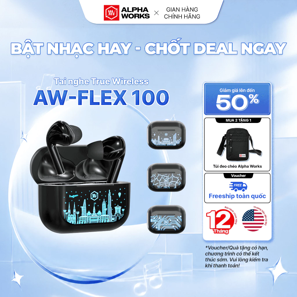 Tai nghe Bluetooth True Wireless Alpha Works FLEX 100 Bluetooth 5.4 Thời Lượng Pin Đến 35h - Hàng Chính hãng