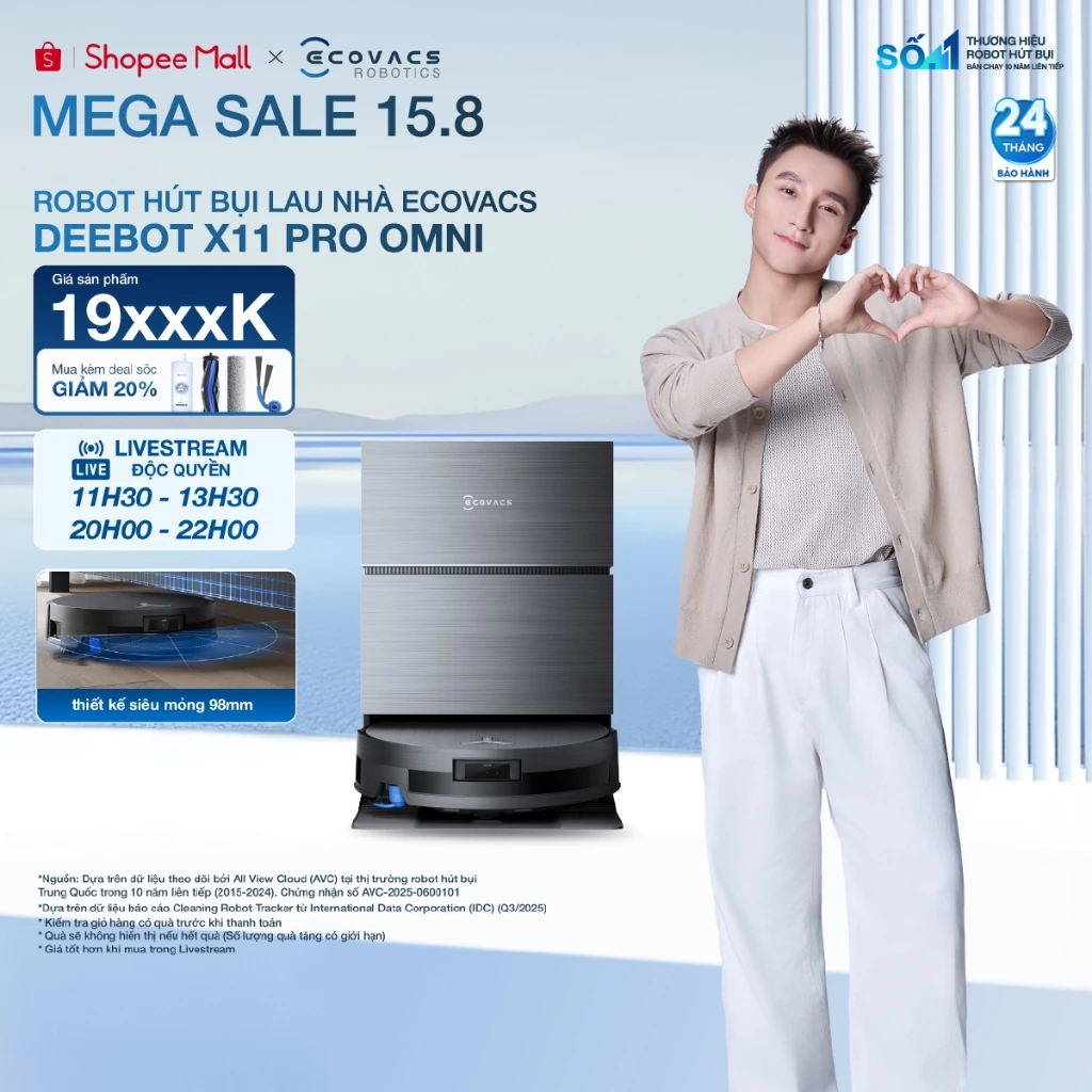 Ecovacs DEEBOT X11 Pro Omni Robot hút bụi lau nhà | Lực hút 19.500Pa | Tự động giặt giẻ bằng nước nóng 75°C | BH 2 năm