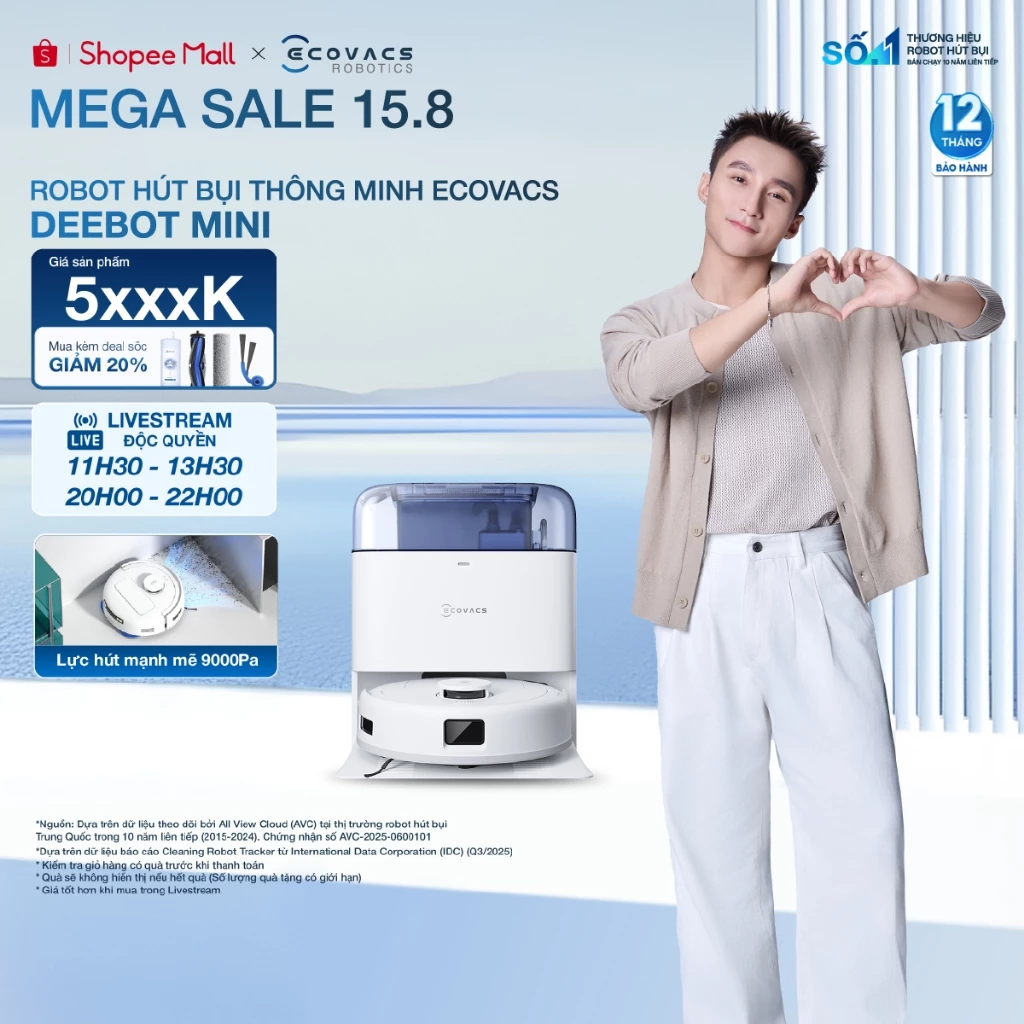 Ecovacs Deebot Mini Robot hút bụi lau nhà nhỏ gọn | Lực hút 9.000Pa | Thiết kế siêu mỏng | Tự động đổ rác | BH 12 tháng
