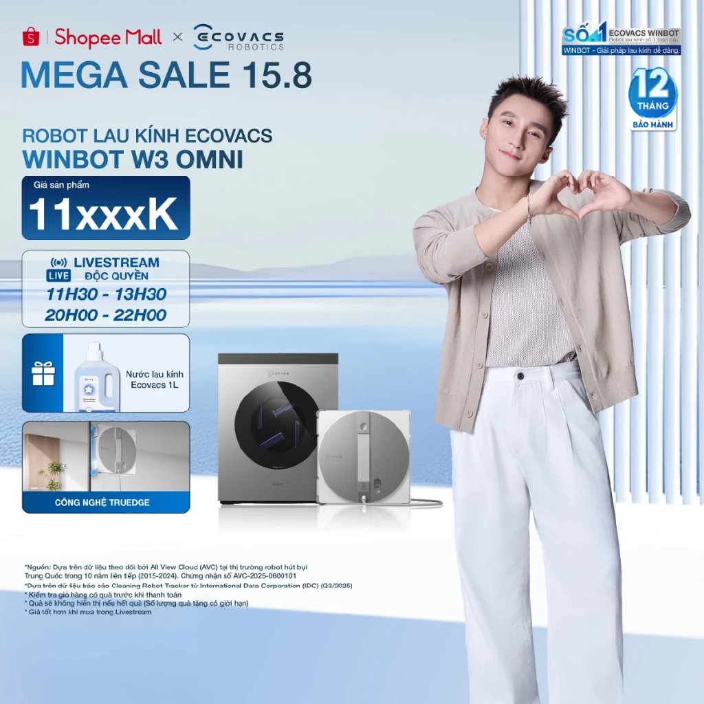 Ecovacs Winbot W3 Omni Robot lau kính thông minh | Lực hút 10.000Pa | Trạm sạc đa năng | Pin Lithium 9000 mAh | BH 1 năm
