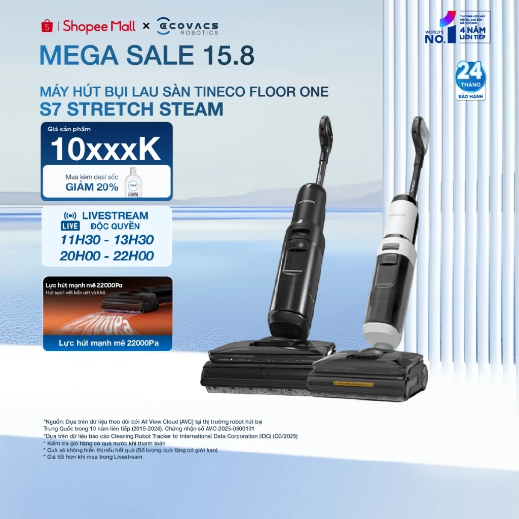 Tineco S7 Stretch Steam Máy hút bụi lau sàn | Lực hút 22.000Pa | Lau nhà bằng hơi nóng HyperSteam 160℃ | BH 24 tháng