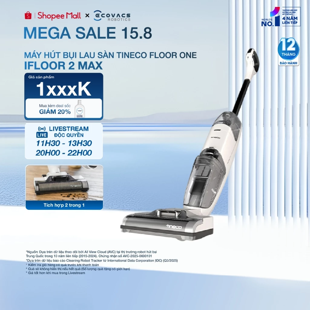 Tineco iFloor 2 Max Máy hút bụi lau sàn không dây | Thời gian hoạt động 22 phút | Tự động làm sạch con lăn | BH 12 tháng