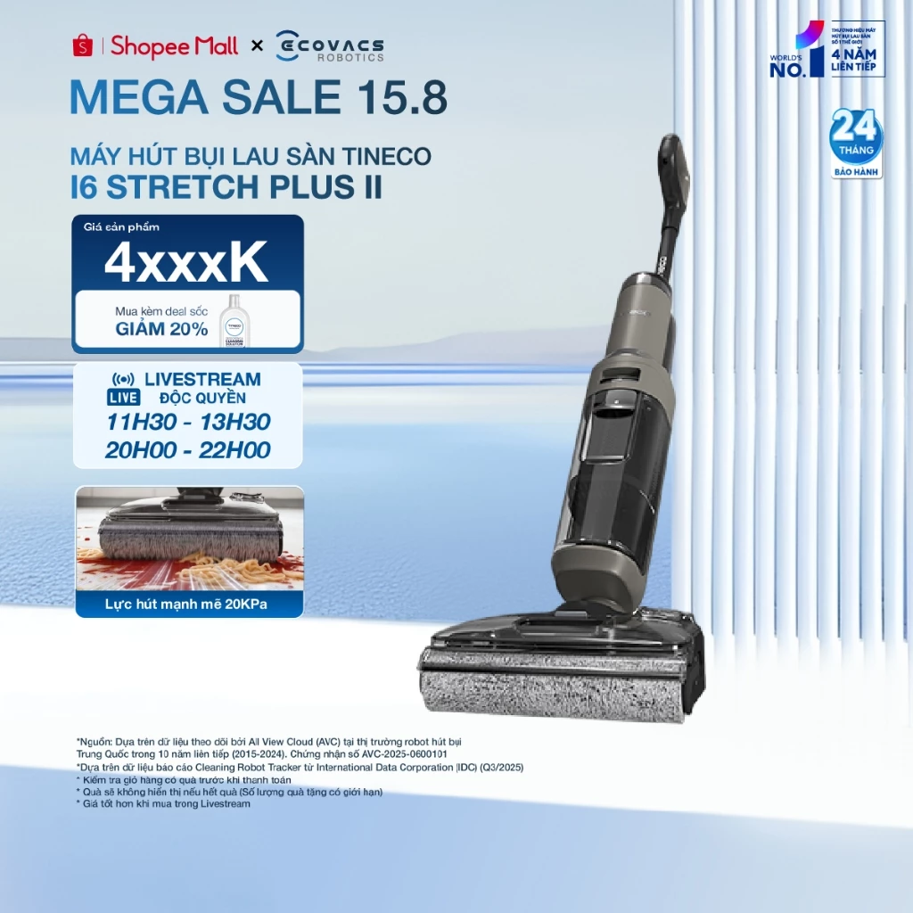 Tineco Floor One I6 Stretch Plus II Máy hút bụi lau sàn cầm tay | Gập phẳng 180 độ | Lực hút 22.000Pa | BH 24 tháng