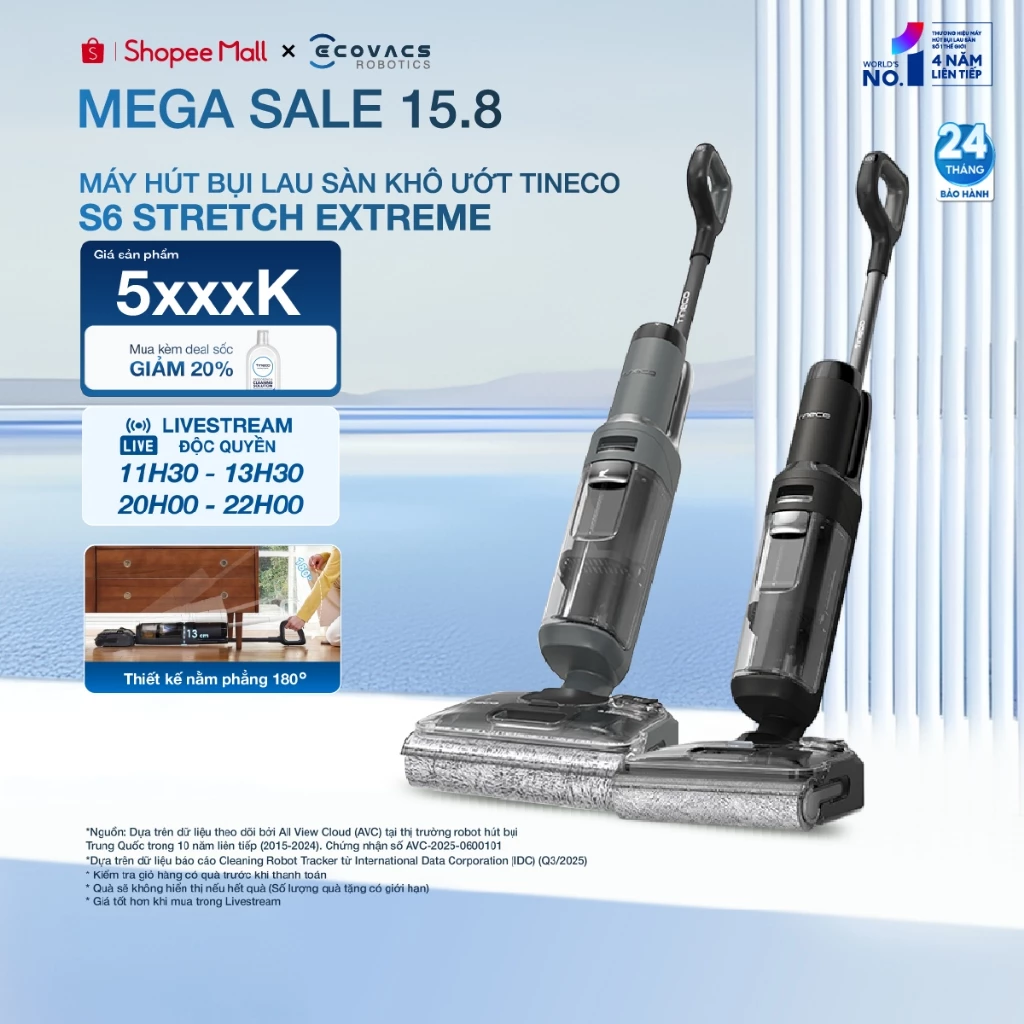 Tineco Floor One S6 Stretch Extreme Máy hút bụi lau sàn thông minh | Thiết kế gập 180° | Lực hút 20.000Pa | BH 24 tháng