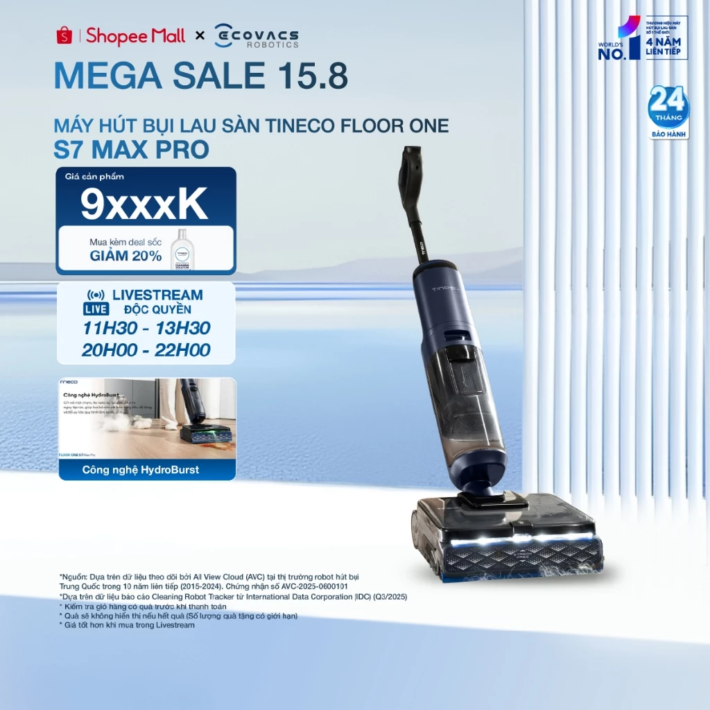 Tineco Floor One S7 Max Pro Máy hút bụi lau sàn thông minh | Bánh xe trợ lực SmoothPower | Lực hút 22.000Pa | BH 2 năm