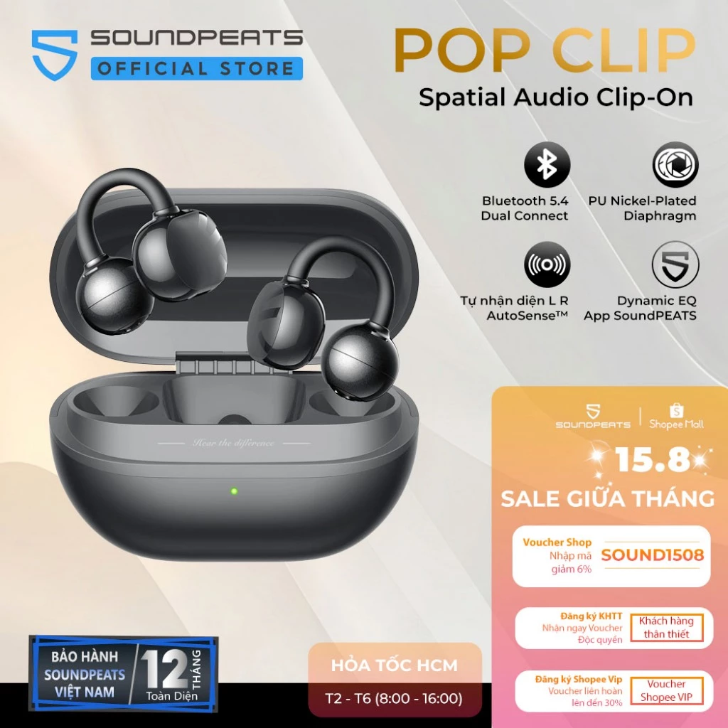 Tai Nghe True Wireless SoundPEATS POP Clip | Open Ear Clip-On | Âm Thanh Định Hướng | Bluetooth 5.4