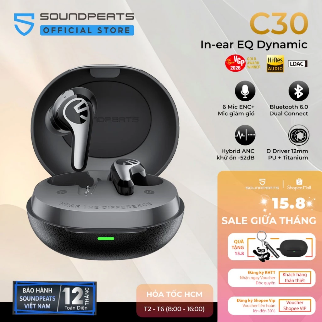 Tai Nghe True Wireless ANC SoundPEATS C30 Chống ồn -52dB Hybrid | Hires LDAC | 6 Mic Bluetooth 6.0