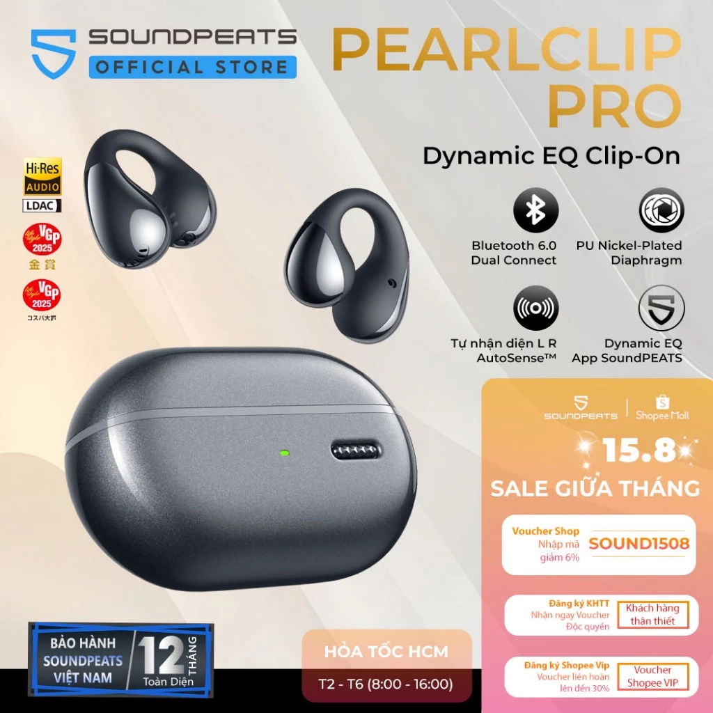 Tai Nghe True Wireless SoundPEATS PearlClip Pro | Driver PU Nickel-Plated Diaphragm | Bluetooth 6.0