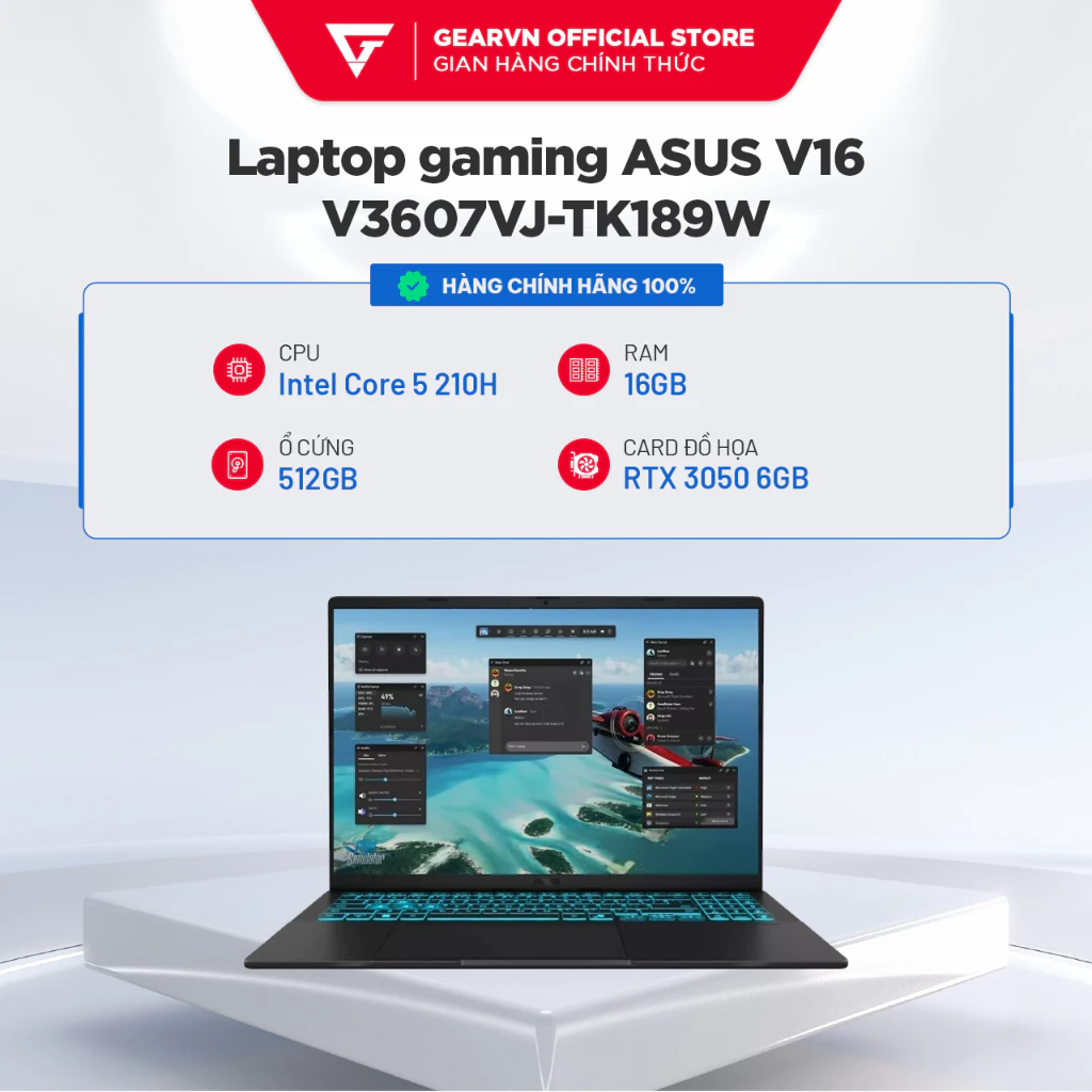 Laptop gaming ASUS V16 V3607VJ-TK189W | Core 5-210H | RTX 3050 | 16GB | 512GB | 16:10 | BH 24 Tháng