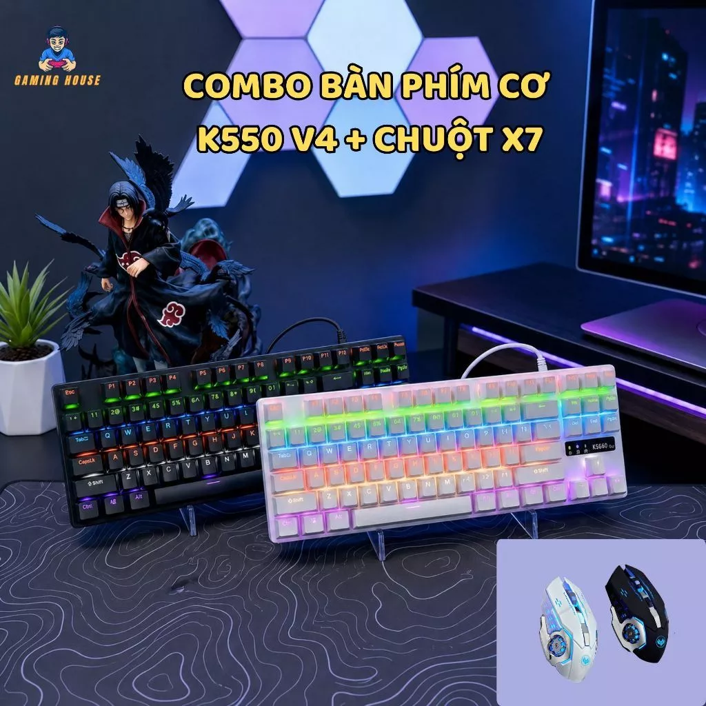 Combo Bàn phím cơ Gaming K550 Ziyou V4 + Chuột x7 Có hot-swap Trục cơ Red switch TKL 87 phím, , Chống Nước - Led Rainbow