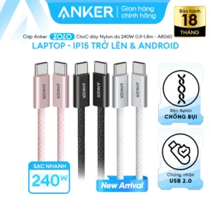[Cho iPhone 15-17 Android Laptop] Cáp sạc nhanh ANKER Zolo USB-C to USB-C | Công suất 240W | Chuẩn chip E-Maker - A8060