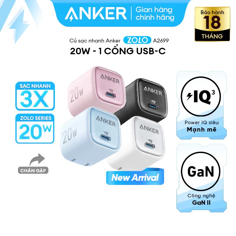 Củ sạc nhanh Anker Zolo GaN 20W/30W | 1 cổng USB-C | Sạc nhanh Power IQ 3.0 | Chân gập gấp gọn tiện lợi - A2699/8