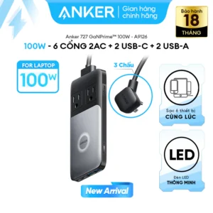 Trạm sạc đa năng Anker 727 GaNPrime 100W 2 cổng USB-C, 2 cổng USB-A và 2 ổ cắm AC sạc cùng lúc 6 thiết bị - A9126