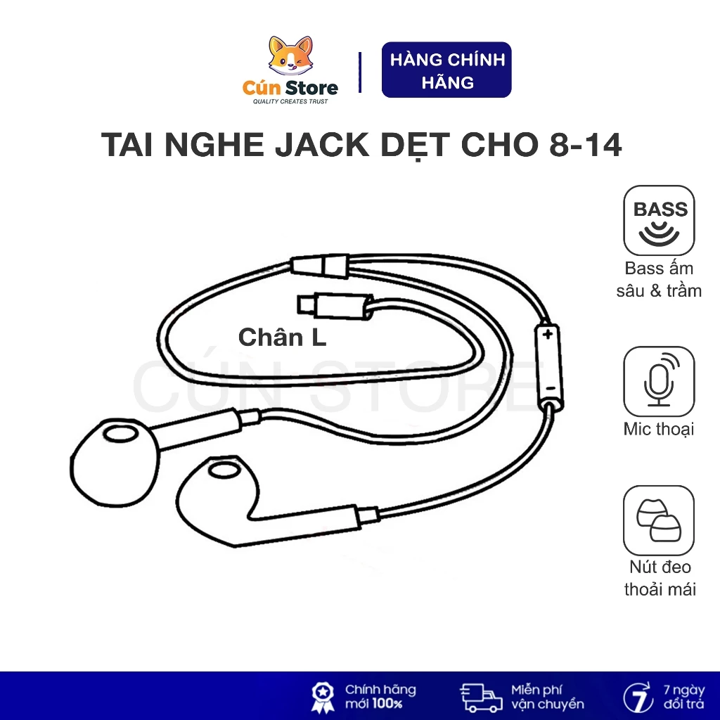 Tai nghe có dây Jack dẹt zin bóc máy, không cần bluetooth chính hãng | Bảo hành 12 tháng