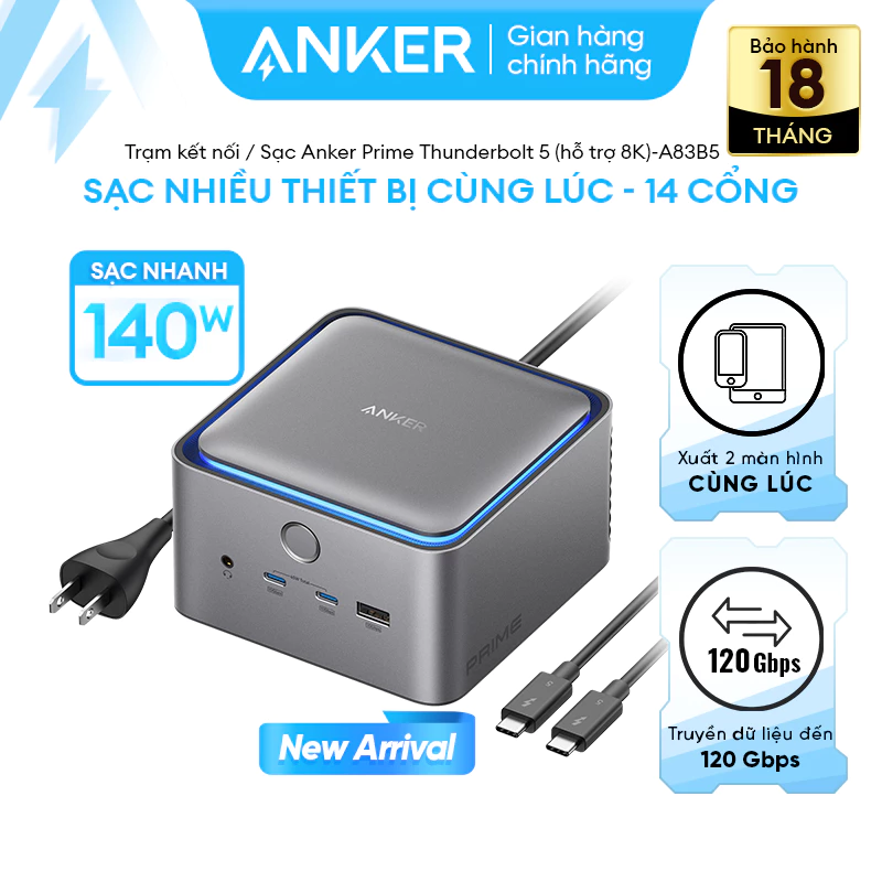 Trạm kết nối & sạc Anker Prime Thunderbolt 5 (hỗ trợ 8K) Sạc nhanh 140W 14 Cổng- A83B5