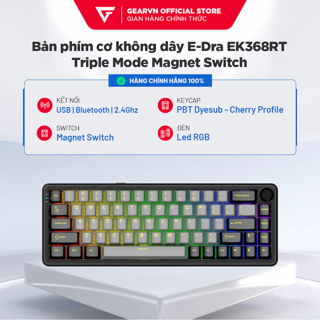 Bàn phím cơ không dây EDra EK368RT Rapid Trigger Triple Mode Magnet Switch Hỗ trợ App Tùy chỉnh Hotswap Led RGB