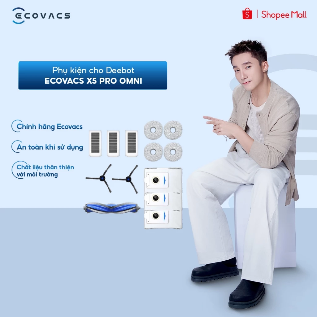 Phụ kiện cho Deebot Ecovacs X5 Pro Omni| Set 4 giẻ DCC040047 | Bộ lọc DFI030033 | Chổi chính DMB010021 |Bộ lọc DFI030032